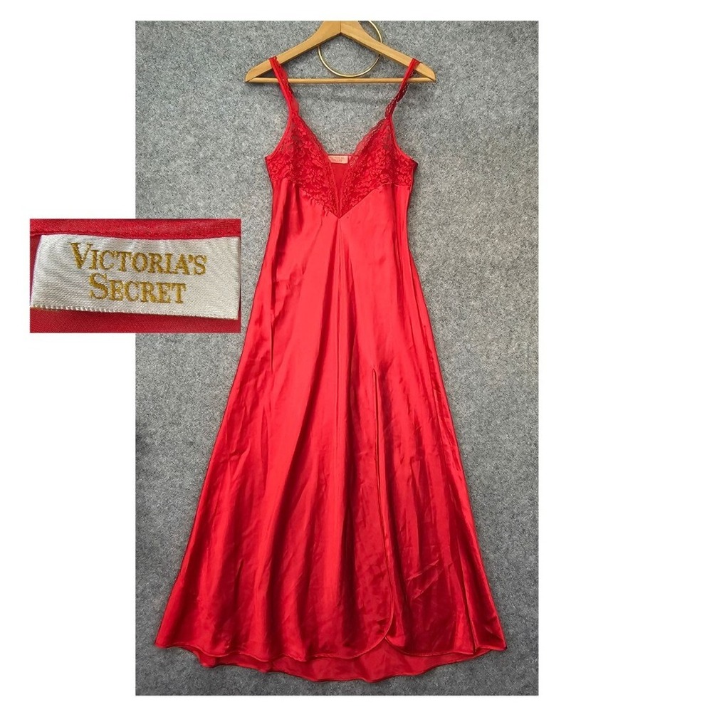 Vintage 90s VICTORIAS SECRET Slip Long Dress XS Red Ruby Lace Nightgown Glam